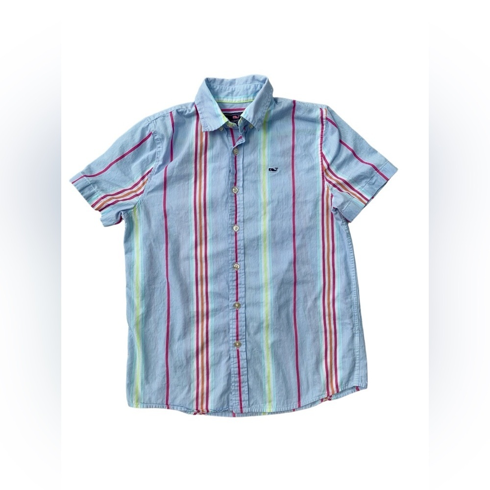 Vineyard Vines Size M, 12-14, Neon Multi-Stripe Short Sleeve Button Down Shirt